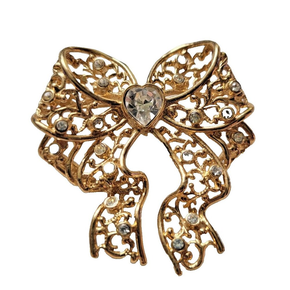 Vintage SI SMITHSONIAN Gold Tone Ribbon Bow Pin Brooch Heart Rhinestones